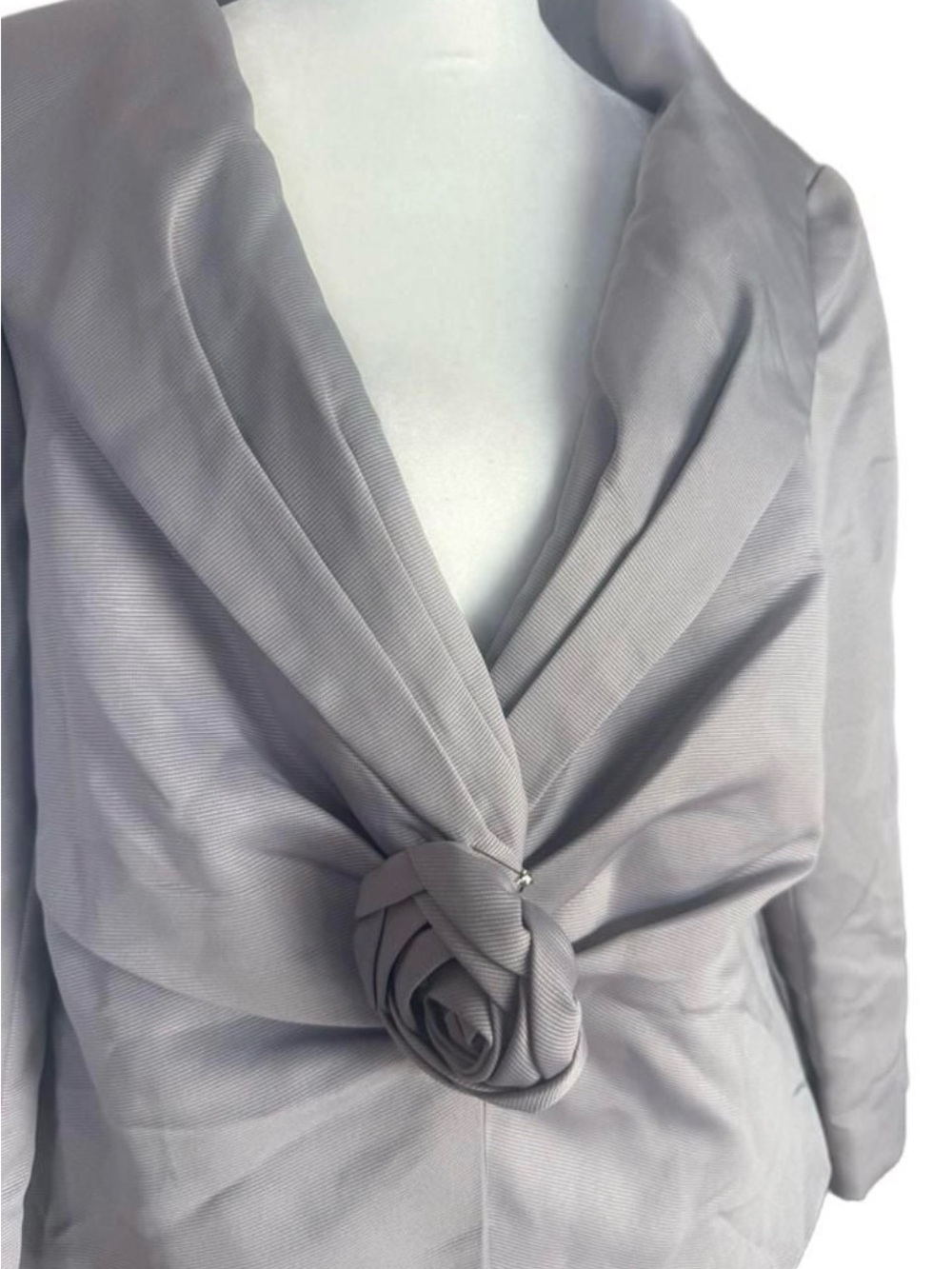 LOOK Women’s Silver Satin Blazer Rosette Closure 3/4 Sleeve Formal Jacket